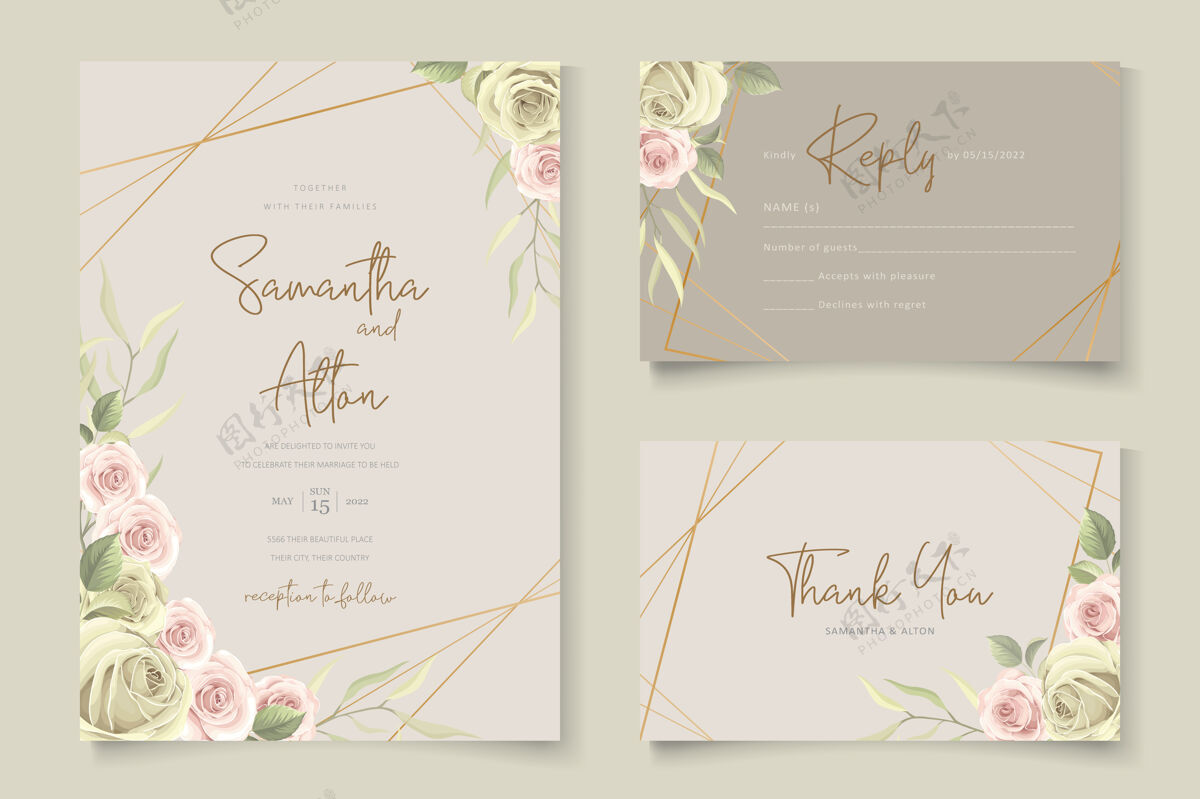 优雅优雅的结婚卡与美丽的玫瑰水彩边框模板