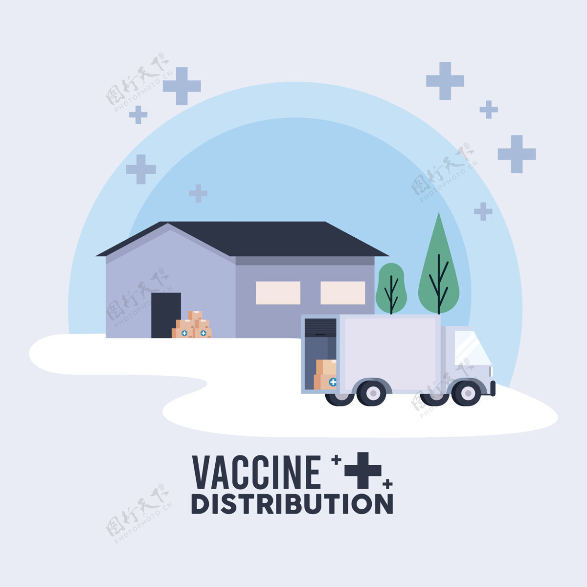 物流疫苗配送物流主题与仓库和卡车插图携带流行病疾病