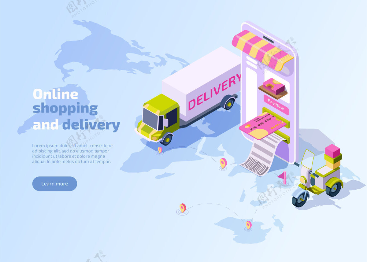 信贷网上购物和送货服务手机卡车地图