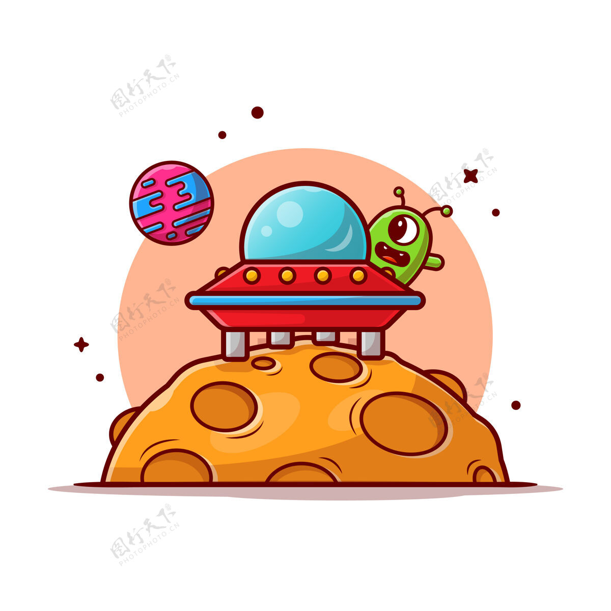 不明飞行物可爱的外星人飞碟飞船登陆月球卡通图标插图占星术月亮吉祥物