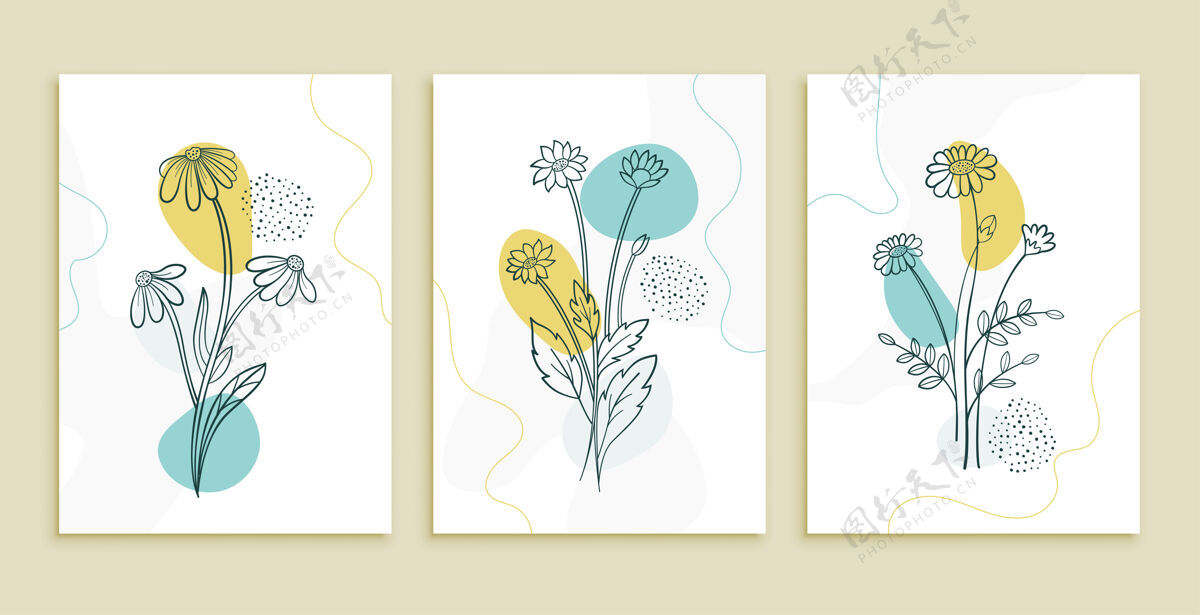 图形装饰线花卉和树叶艺术海报集斯堪的纳维亚集开花