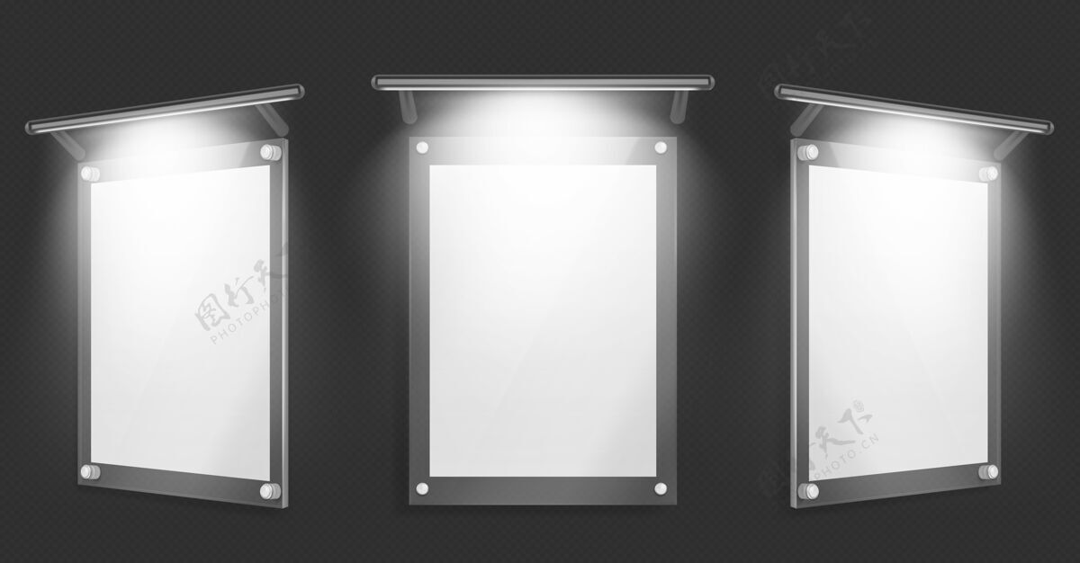 显示亚克力海报 空白玻璃框架与照明挂在墙上孤立的黑色背景亚克力箱辉光