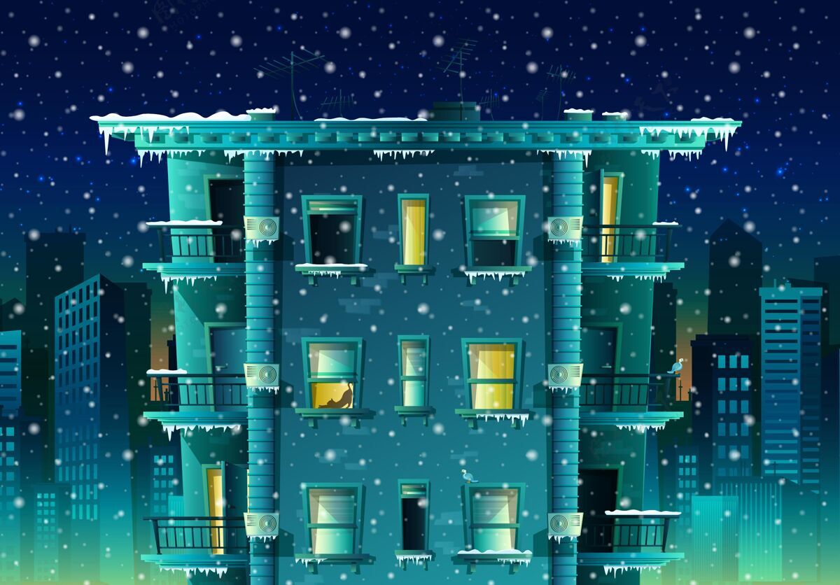 建筑卡通风格的冬夜城市 以雪花为背景 建筑有许多楼层 窗户有阳台家城市景观城市
