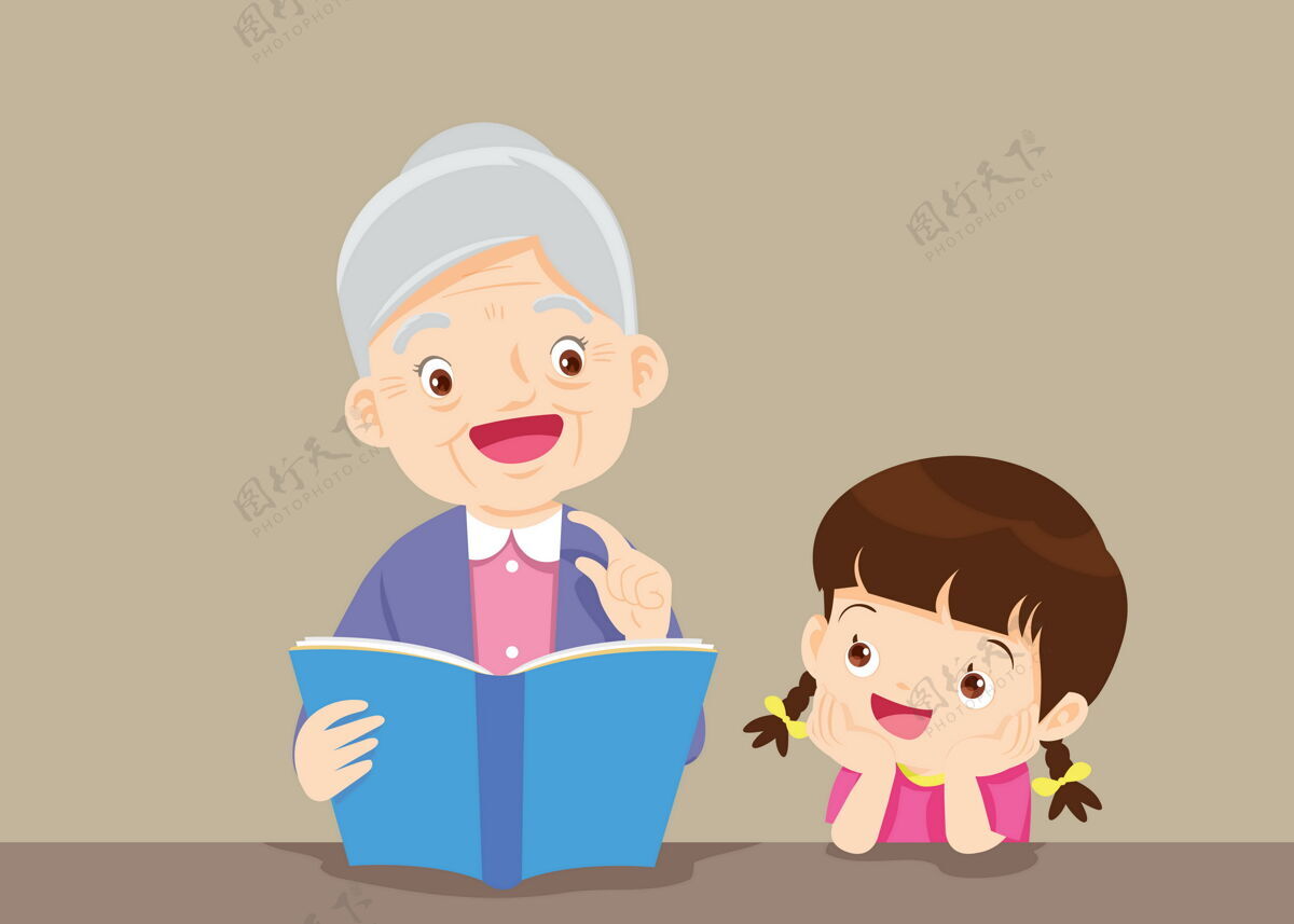 孩子爷爷奶奶带孙子读书女孩孙子微笑
