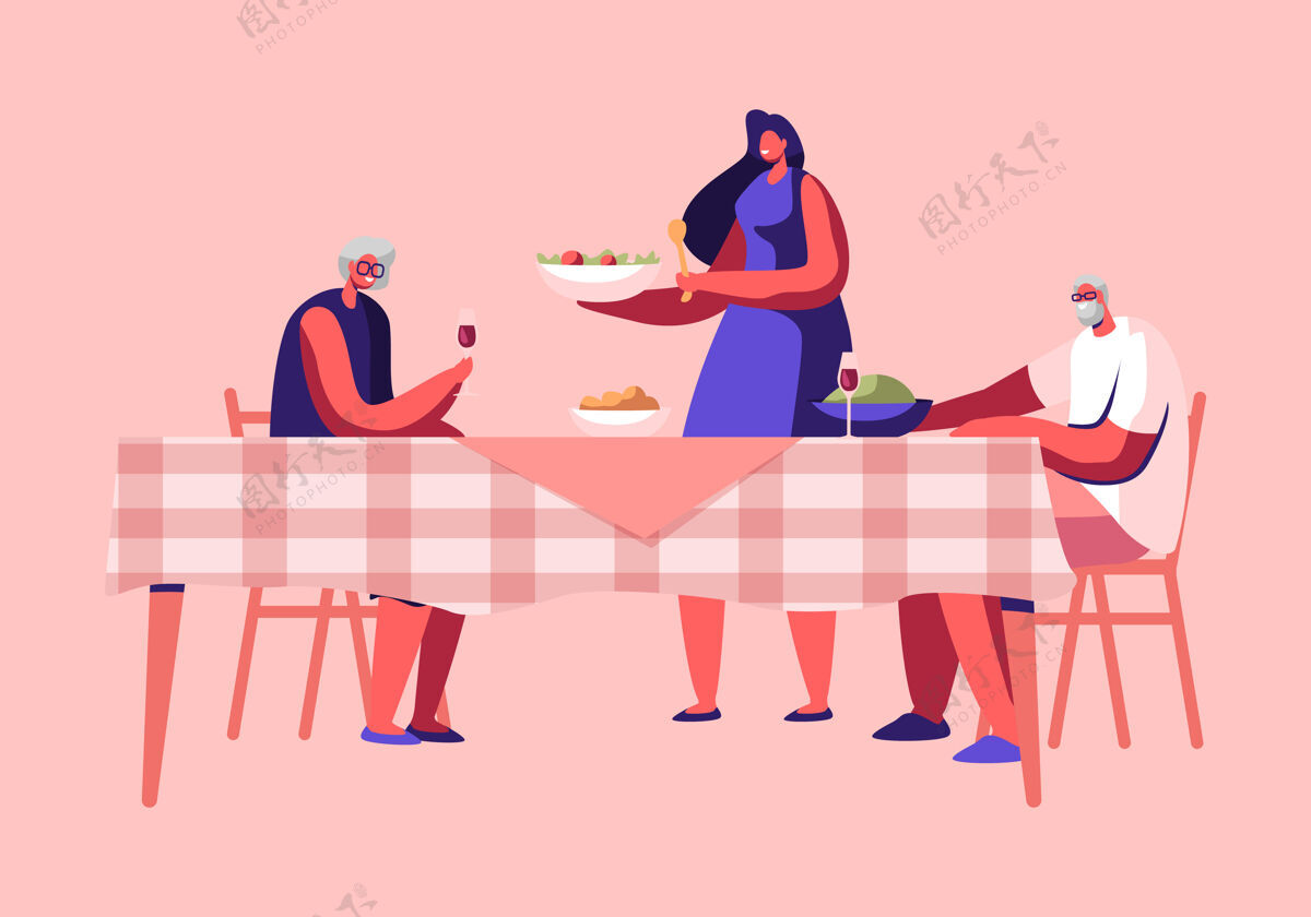 吃饭上菜的年轻女子把盛着美味佳肴的菜放在桌上 高高兴兴的人坐在桌上女人南瓜单位