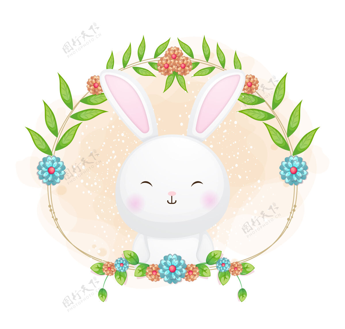 水彩可爱的兔子与花卉卡通插画兔子手绘树叶