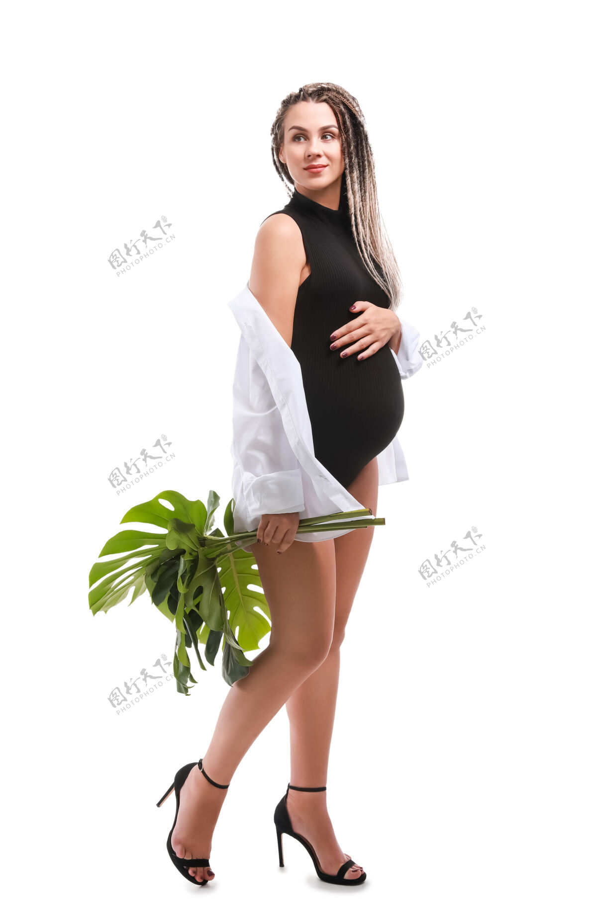 父母美丽的孕妇 白底绿叶快乐期望女孩
