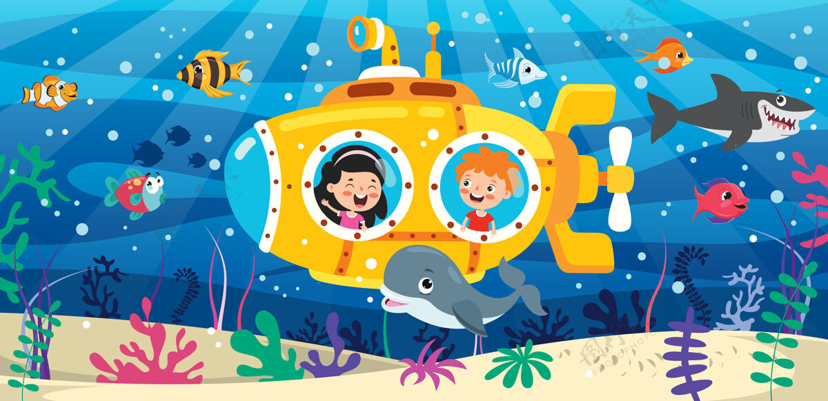 孩子海底卡通潜水艇螺旋桨深海水生