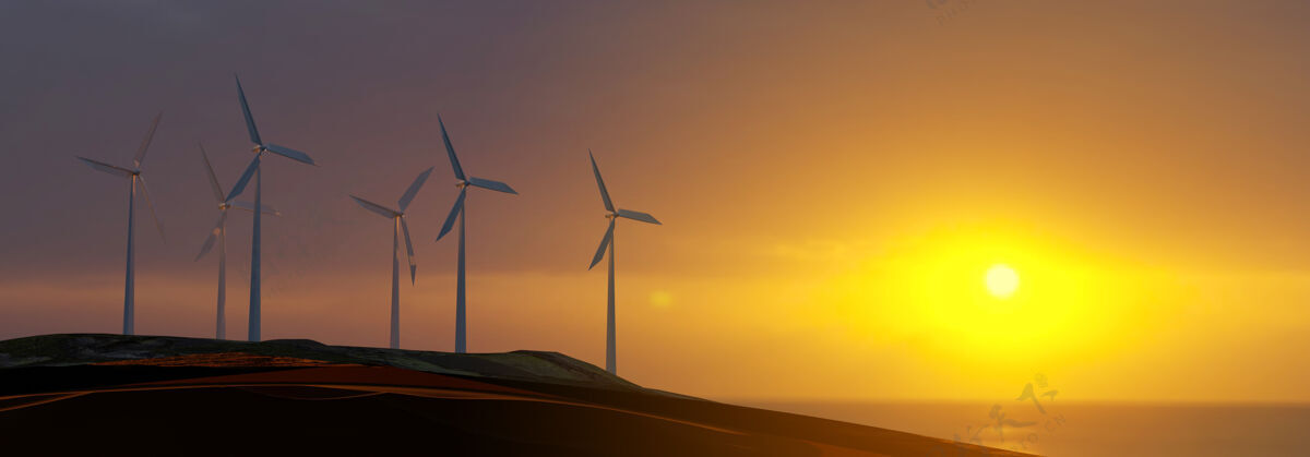 生态风力涡轮机发电日落-三维渲染替代风日出