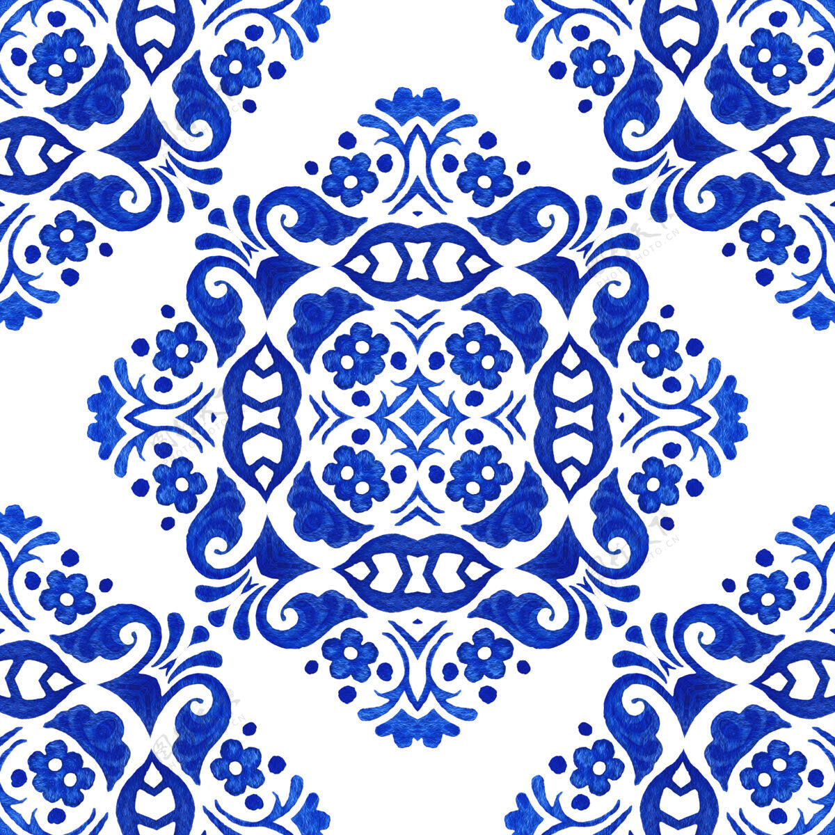 华丽蓝色手绘水彩无缝瓷砖图案背景设计帝国靛蓝复古