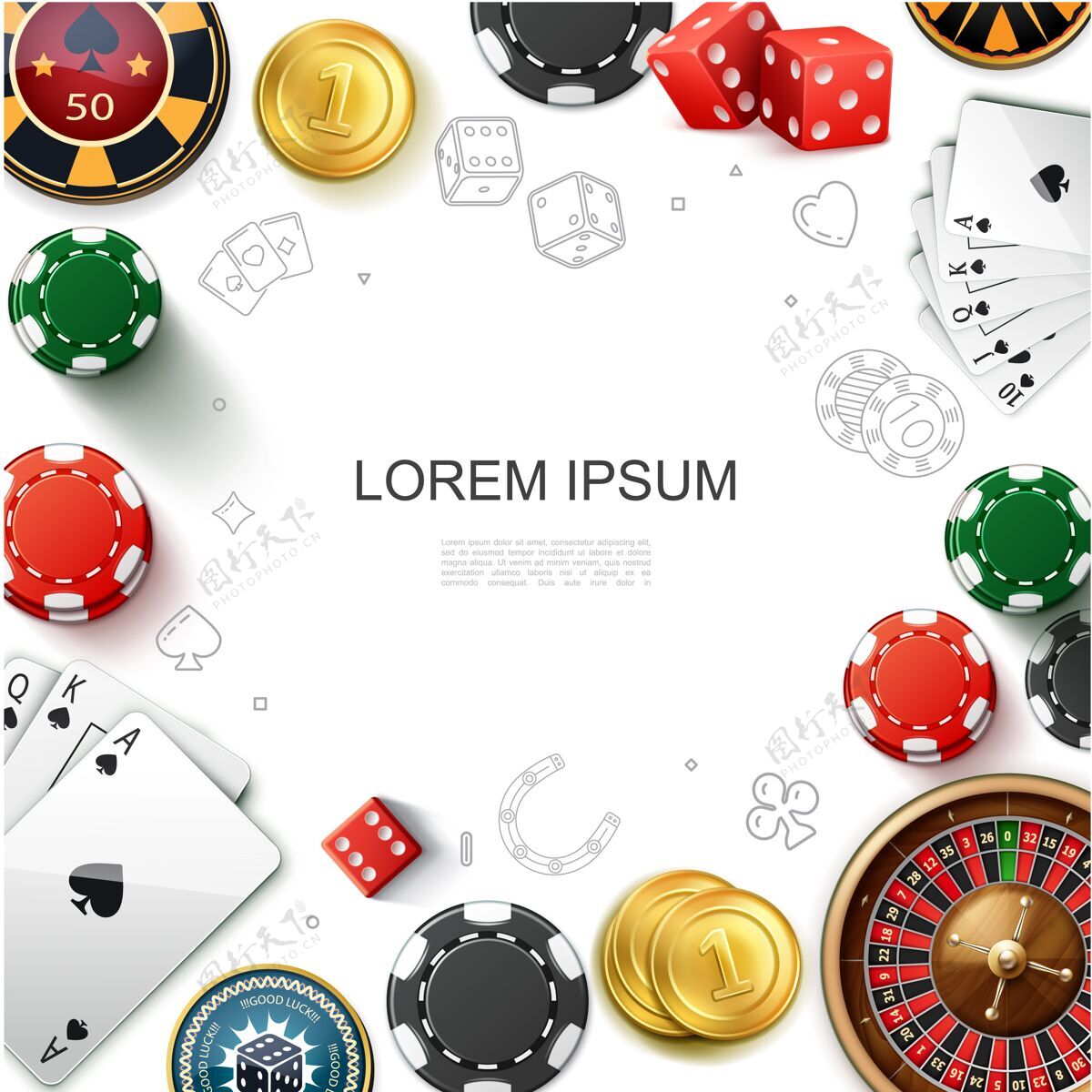 游戏现实赌场赌博与轮盘赌轮纸牌游戏芯片骰子和金币插图模板筹码现实插图