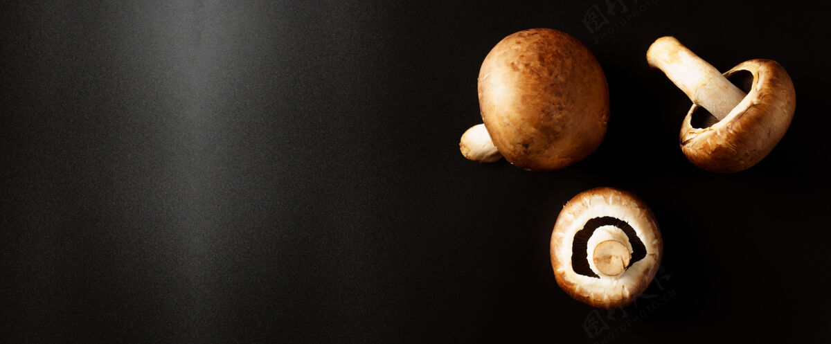 饮食黑色背景上的棕色蘑菇 有复制空间食用收获膳食