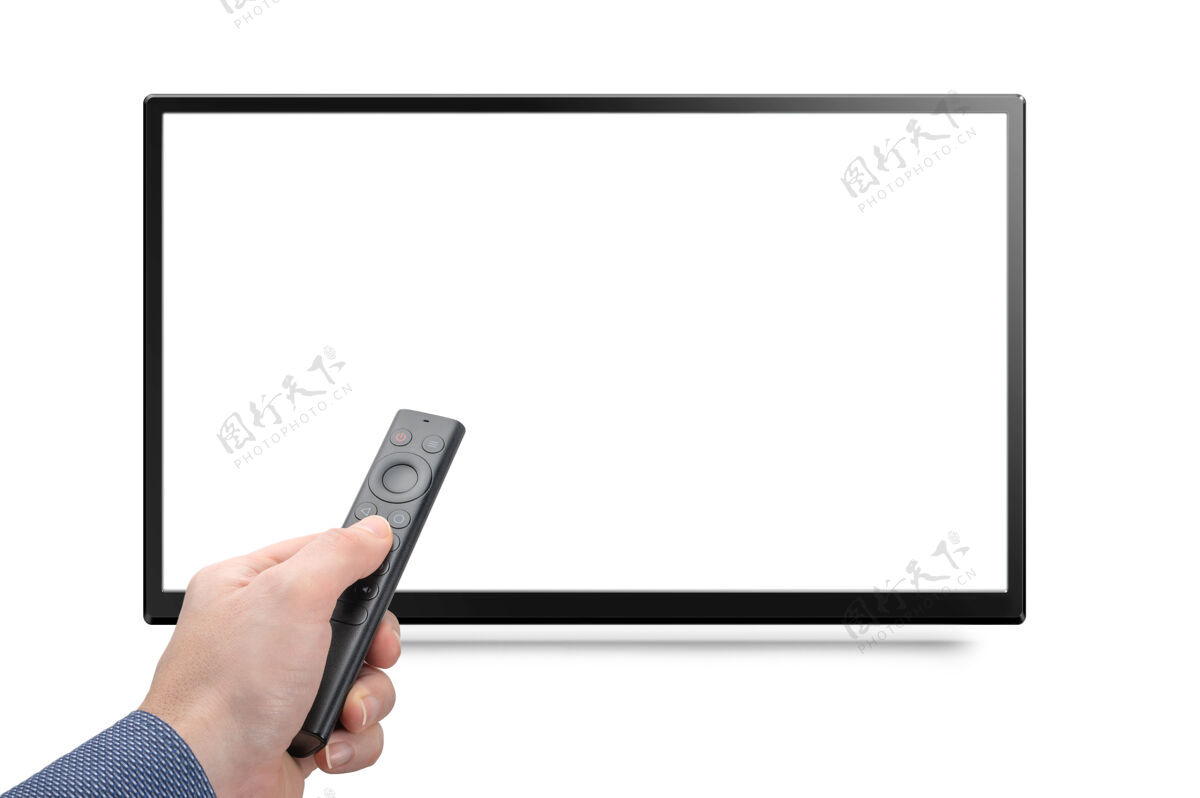 完整模拟电视和手与现代远程控制从一个在线媒体框隔离在白色背景8k4k电视 手拿遥控器白色空白屏幕显示器模型广域在线房间