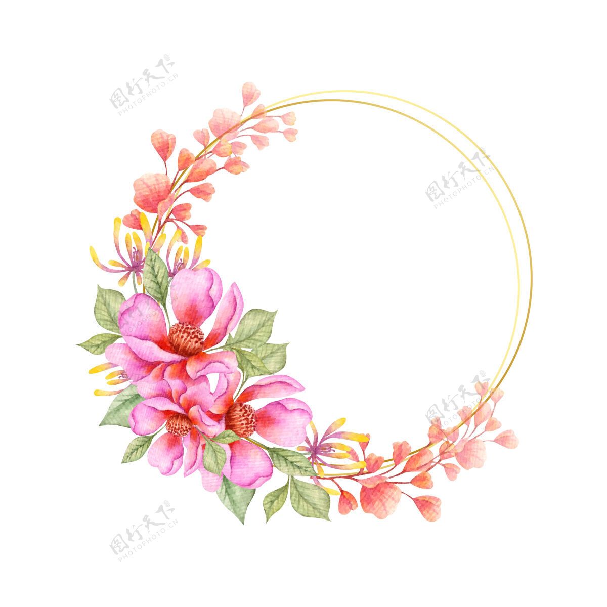 框架水彩粉色和橙色春季花架花环树枝圆圈