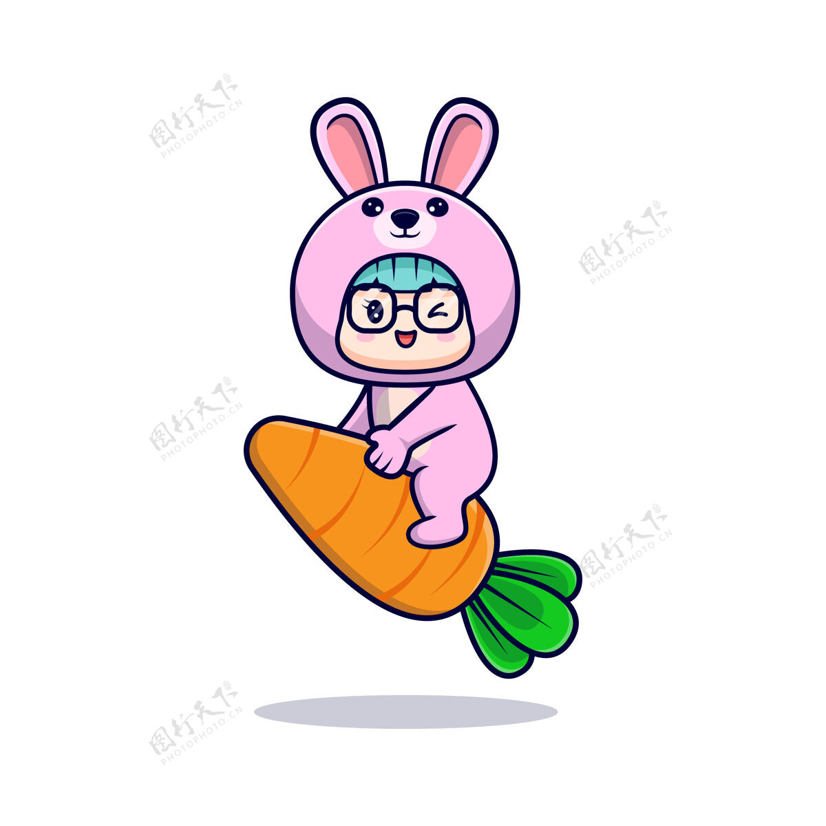 卡通可爱的女孩穿着兔子装骑着大胡萝卜孩子字符贴纸