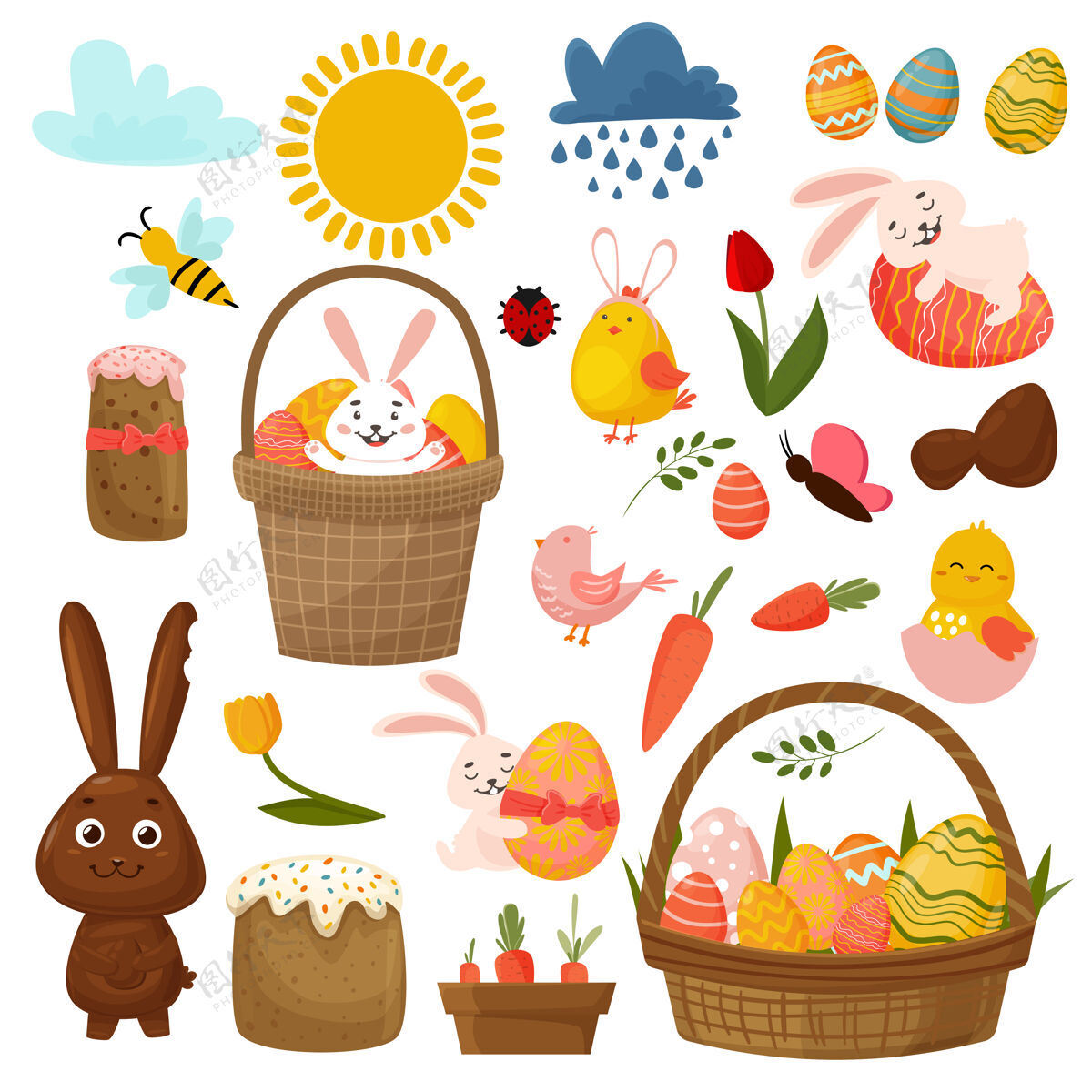 蜜蜂复活节的春天有可爱的蛋 鸟 植物 兔子复活节蛋糕和蝴蝶手卡通画巧克力鸟鸡蛋