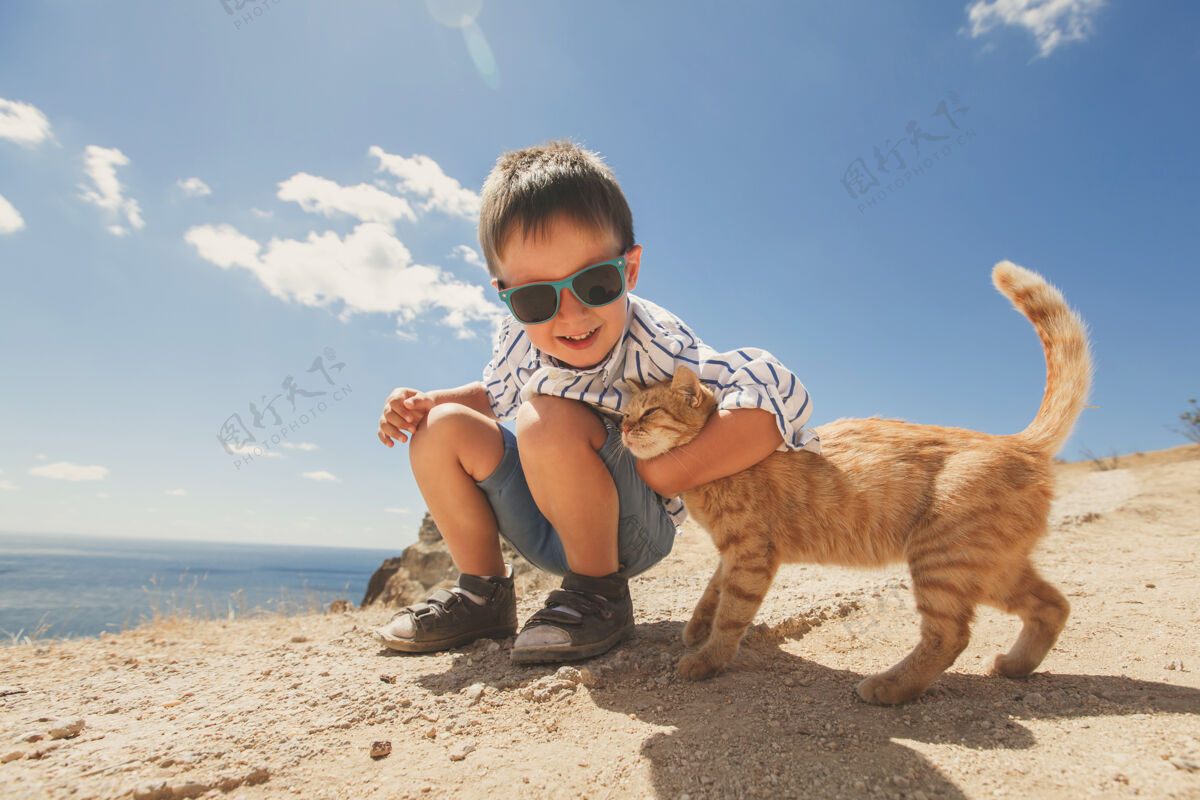 脸快乐的男孩和红猫玩生活方式自然猫