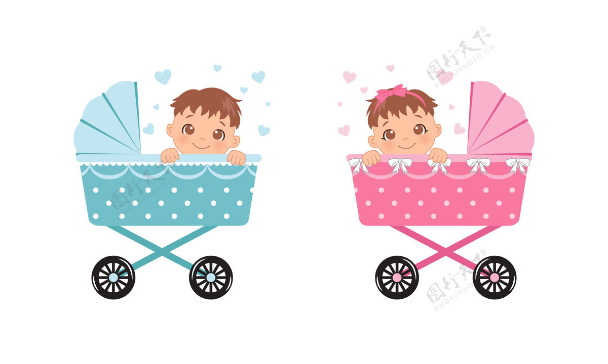 男孩可爱的婴儿车上的女孩和男孩在白色隔离手推车车轮卡通