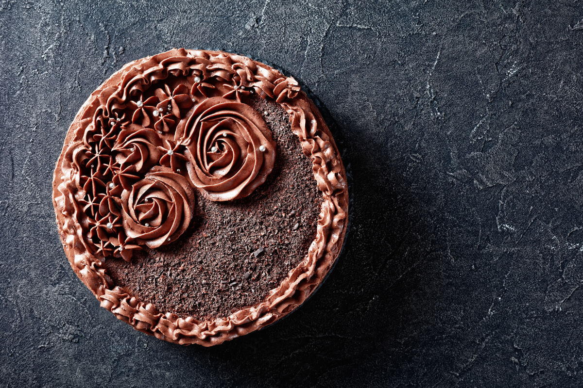 风味自制的巧克力蛋白酥皮蛋糕 上面覆盖着巧克力奶油玫瑰 从上面水平看 平放 复制空间头顶巧克力玫瑰