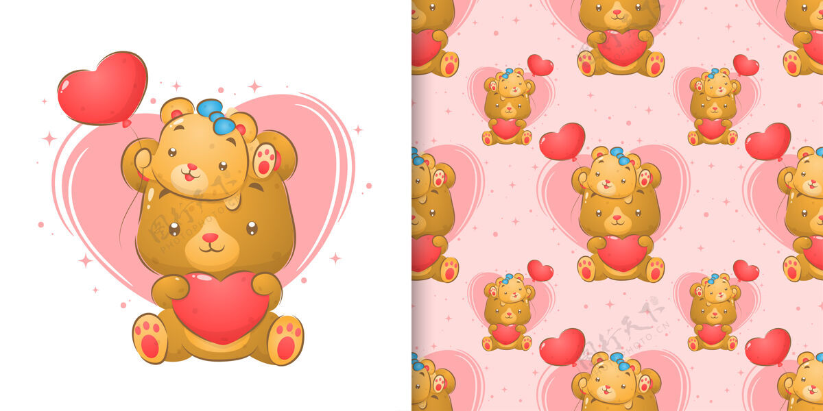 水彩可爱的熊与小熊举行无缝插图心气球微笑蜂蜜涂鸦