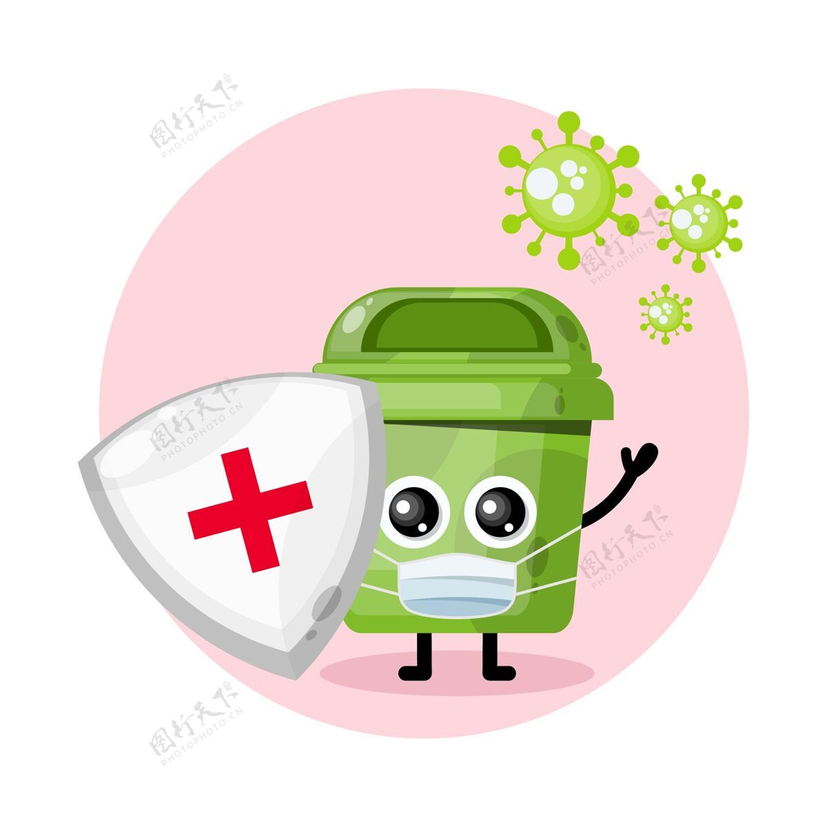 吉祥物标志垃圾盾面具吉祥物字符标志冠状病毒卡通人物垃圾桶