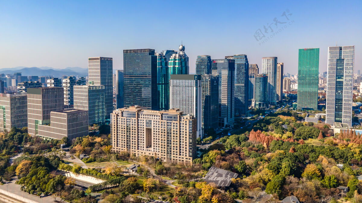 抽象中国杭州现代城市建筑景观天际线航拍透视市中心大都市