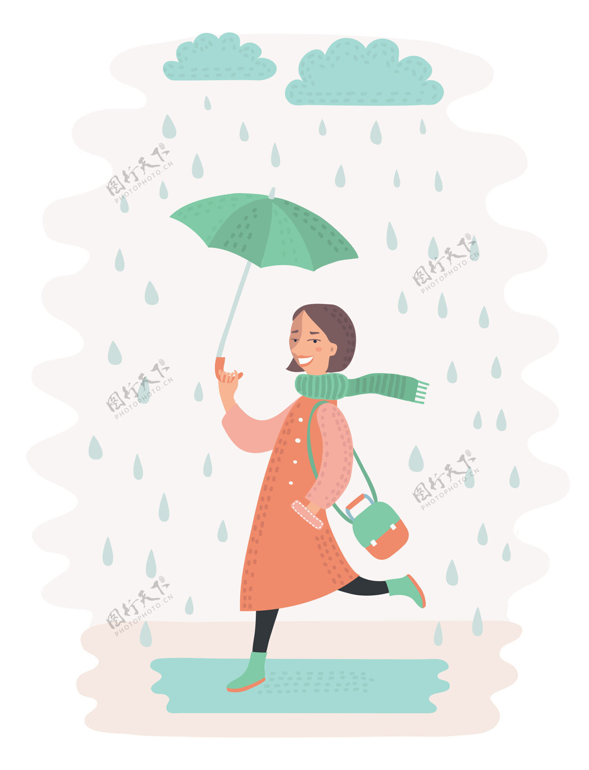 鞋可爱的年轻女子拿着雨伞在雨中行走的插图女雨衣卡通
