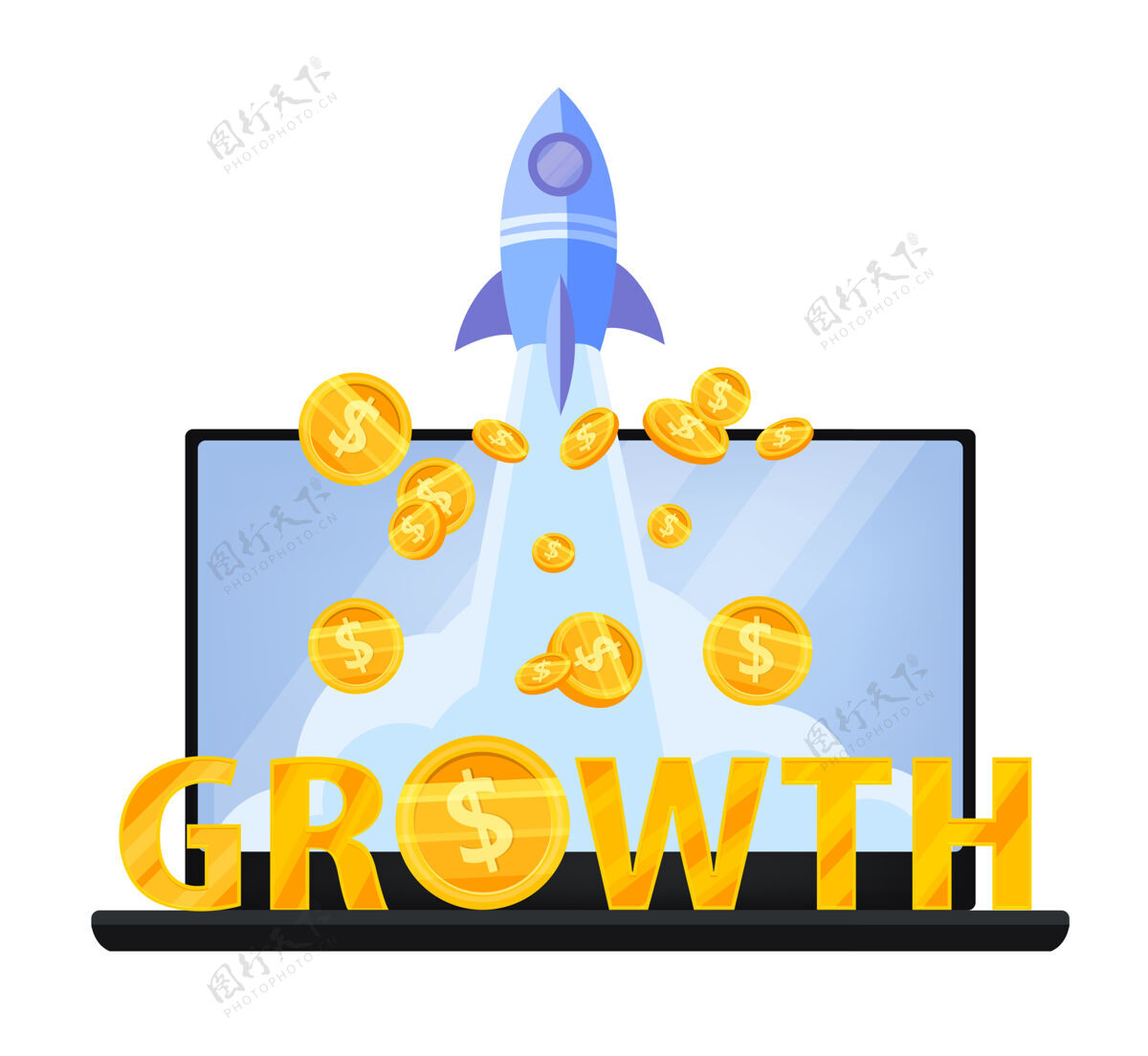 增长收入增长或货币收入增加财务概念与笔记本电脑 飞行美元硬币 金字平板电脑股票火箭