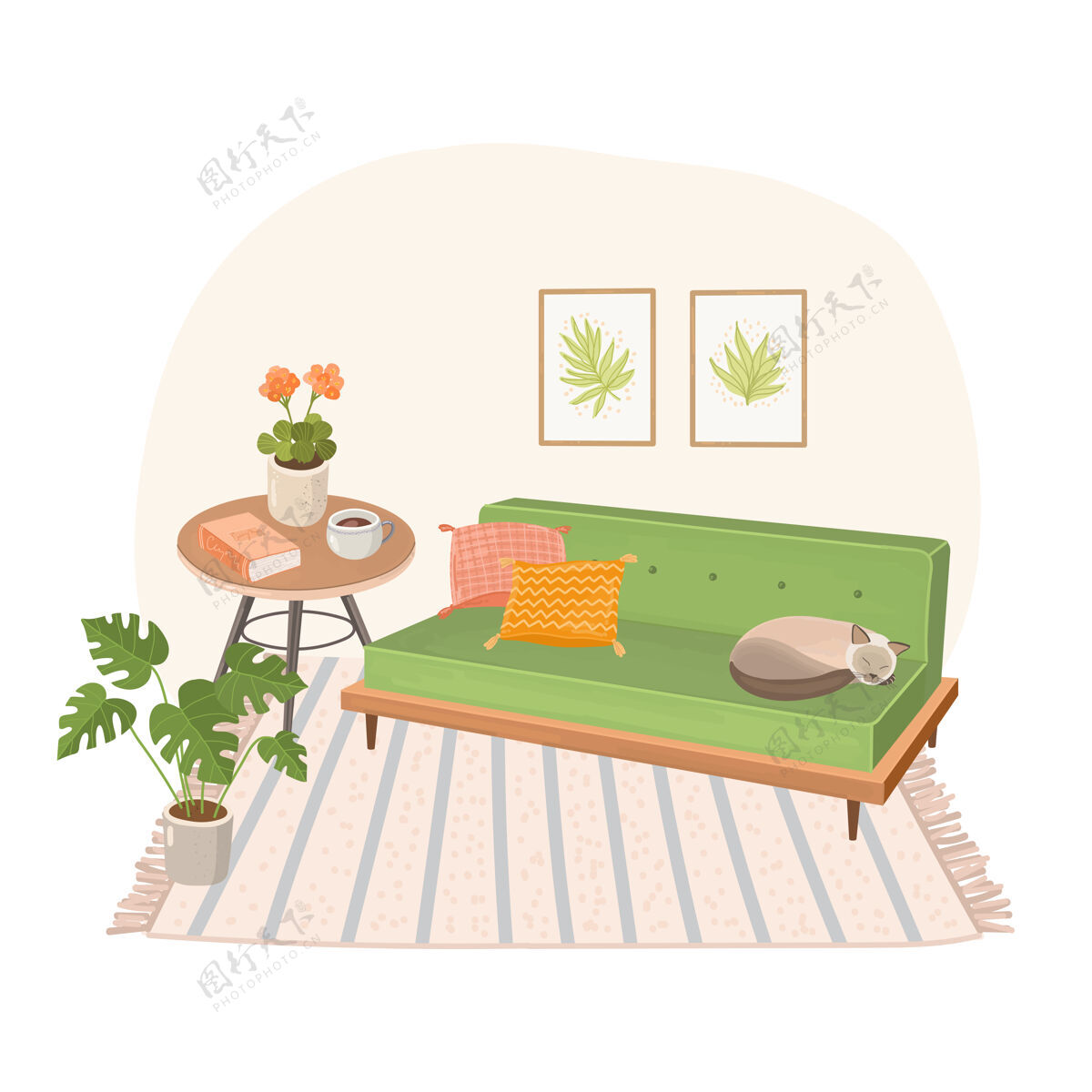 植物现代家居室内有沙发和睡猫室内房子猫