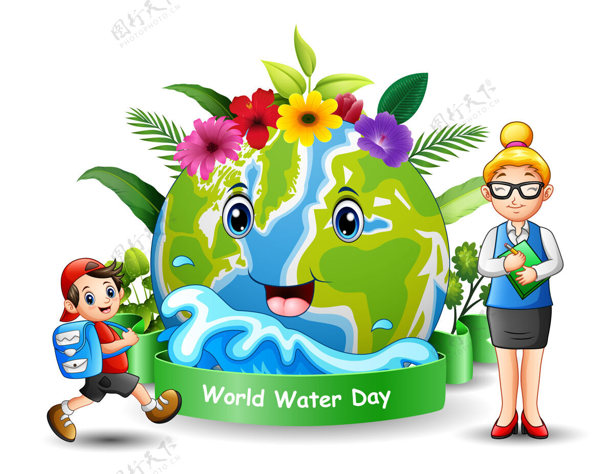 国际世界水日设计与老师和学生男孩河流环境