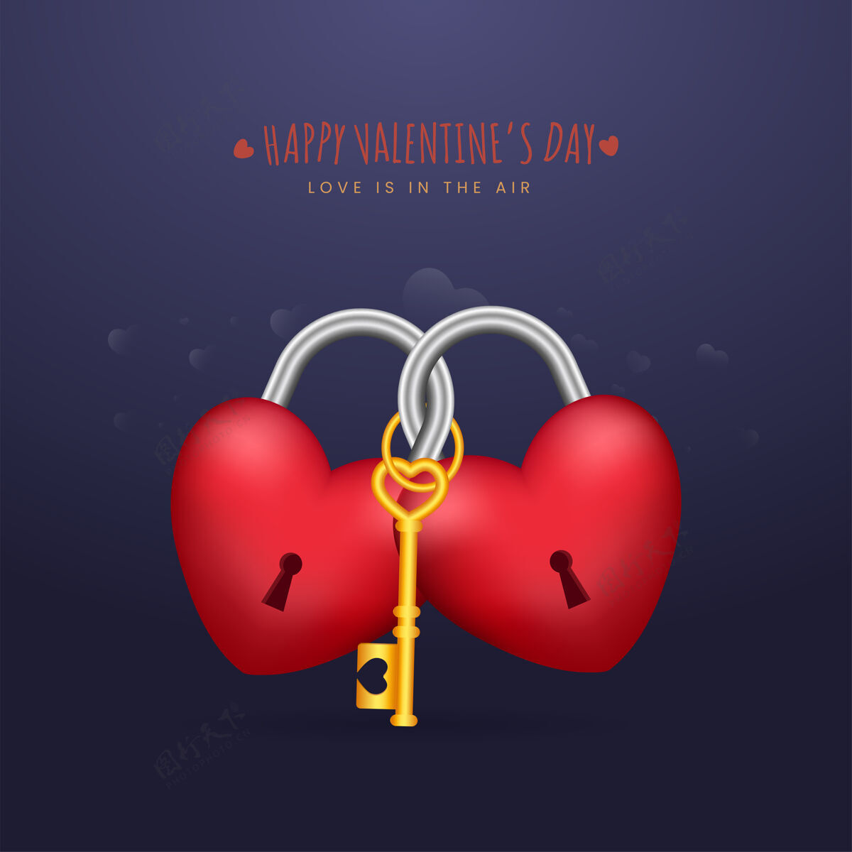 情人情人节快乐的概念与三维心形挂锁和金钥匙圣瓦伦丁节情侣爱