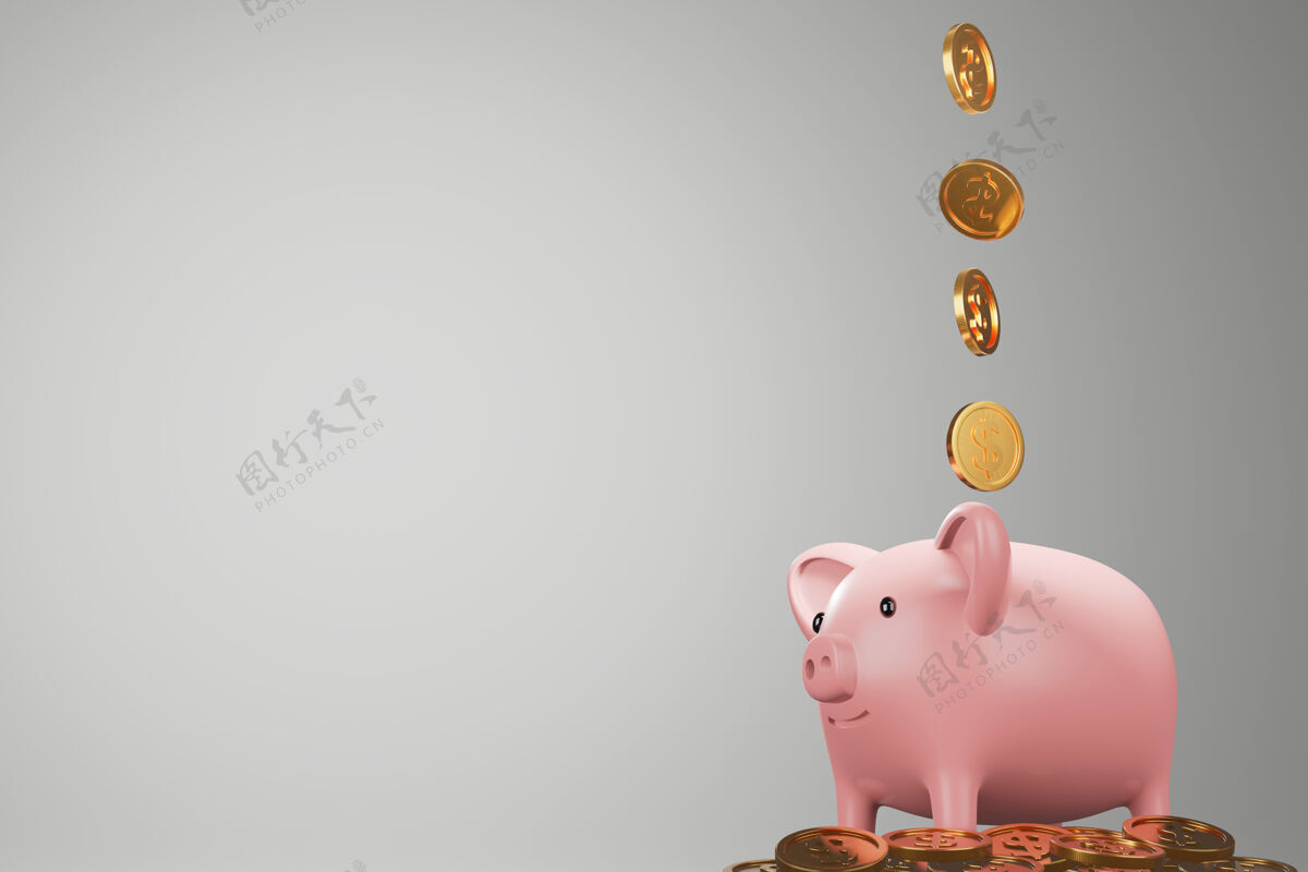 钱小猪存钱罐和掉下来的金币存款储蓄渲染