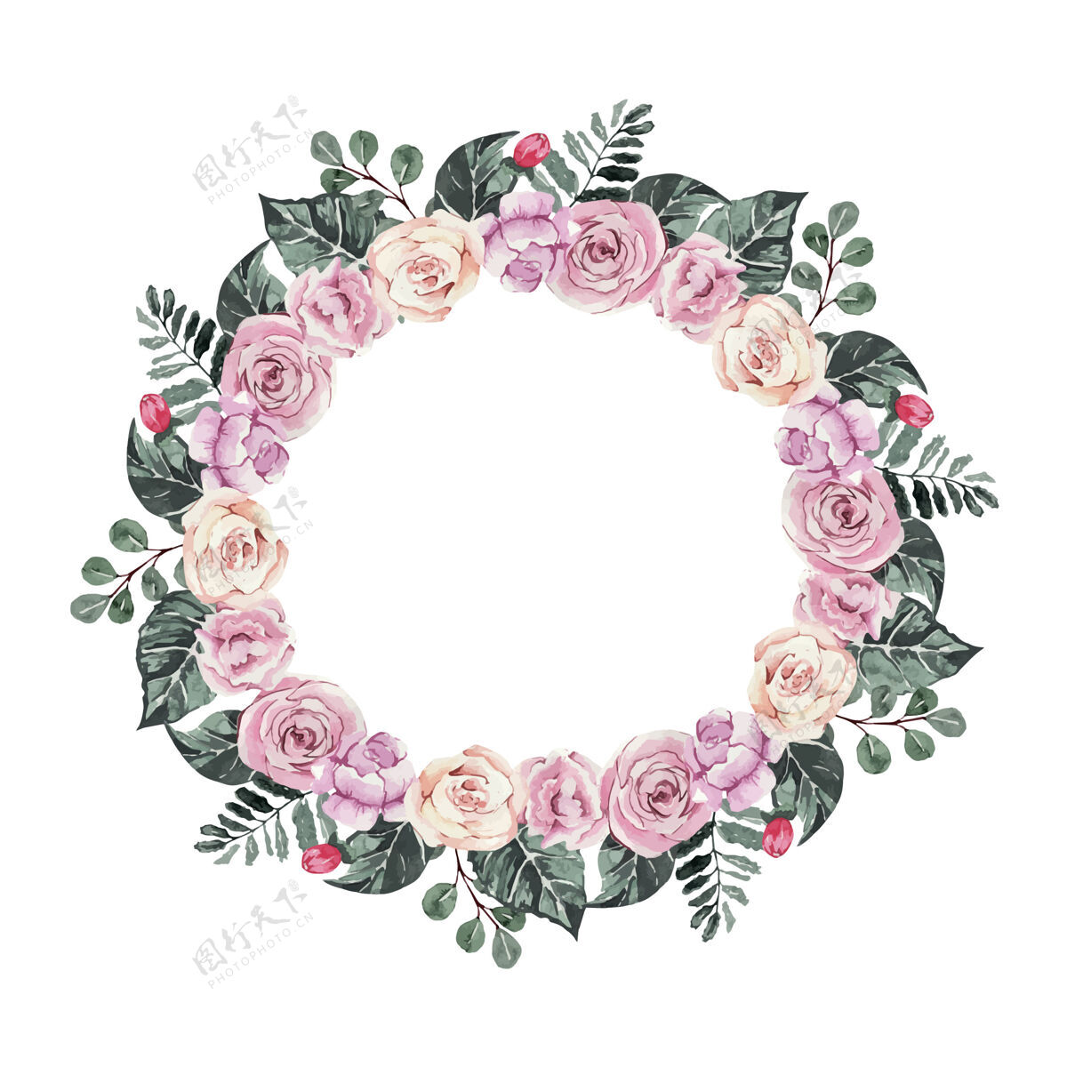 花蕾水彩粉红玫瑰花环自然邀请精致的玫瑰