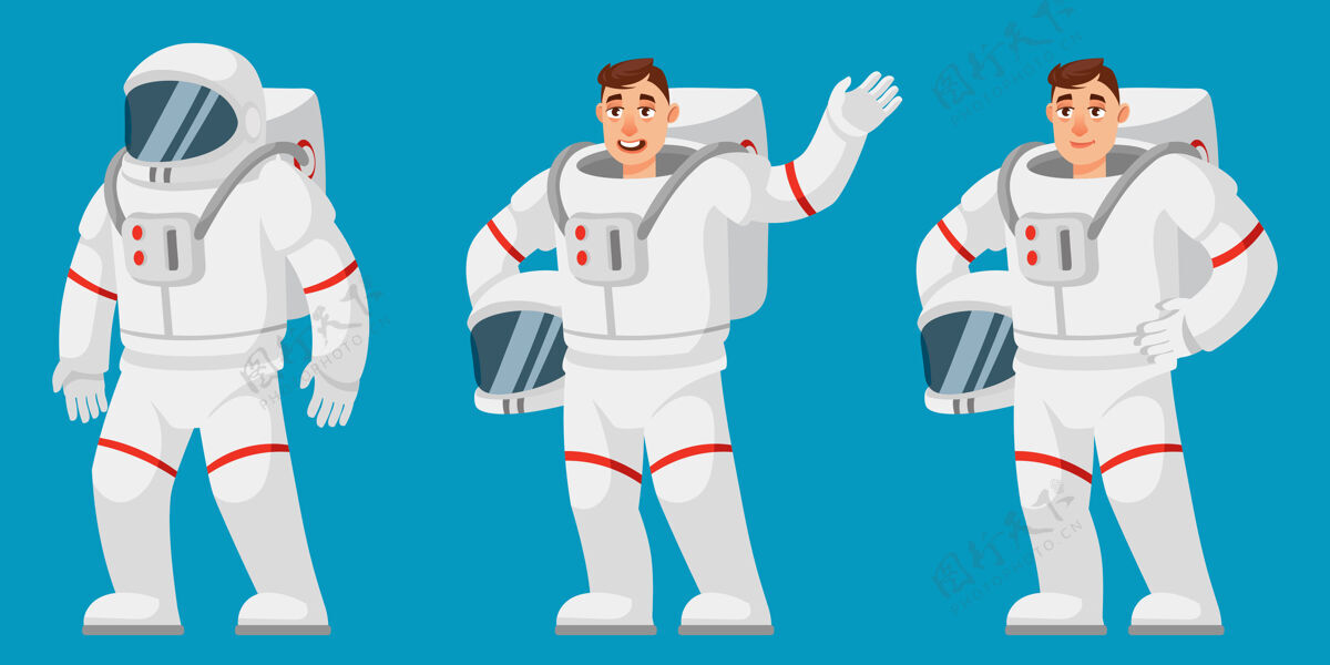 科学宇航员在不同的地方男性卡通风格的人头盔宇宙宇宙