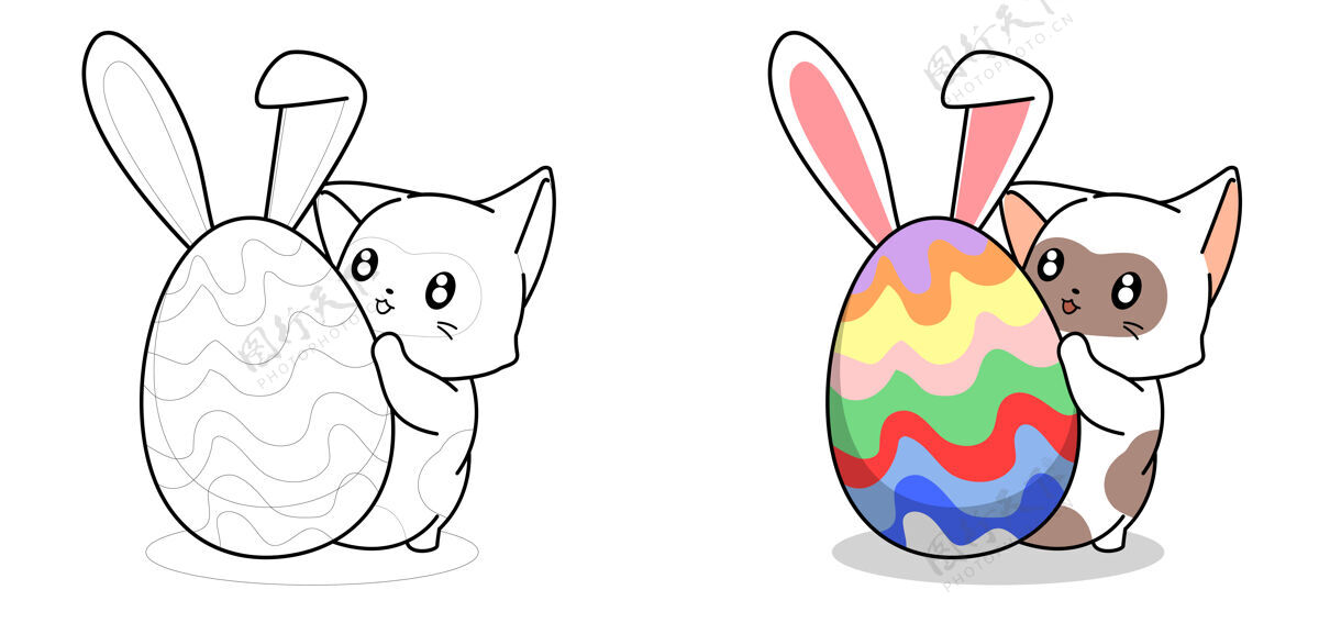 鸡蛋可爱的猫和复活节兔子蛋卡通彩页为孩子们可爱节日兔子耳朵