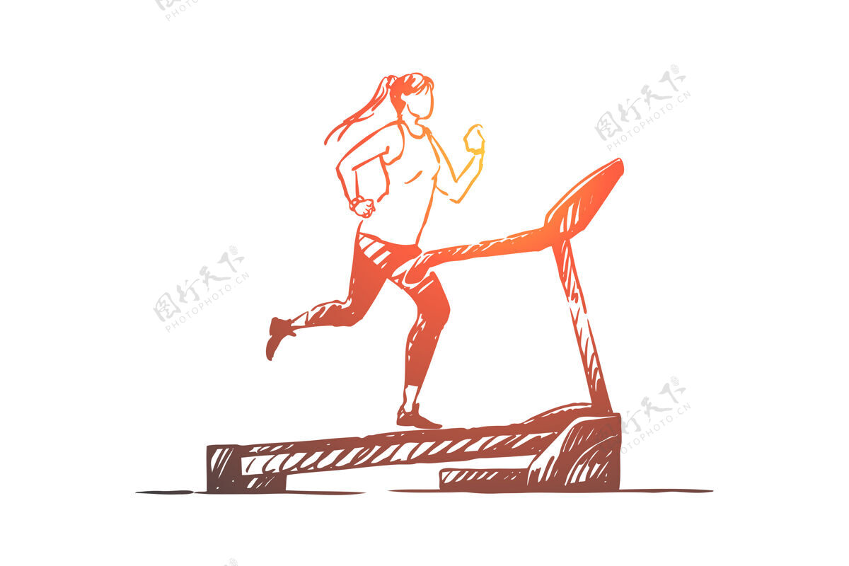 素描女运动员在跑道上 年轻女子在使用训练器械运动使用健身房