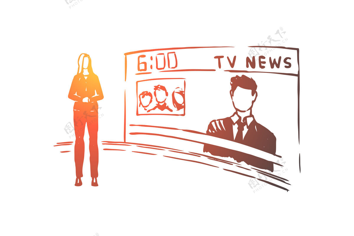 电视女主持人 新闻播音员职业 职业女主持人插画新闻工作室屏幕