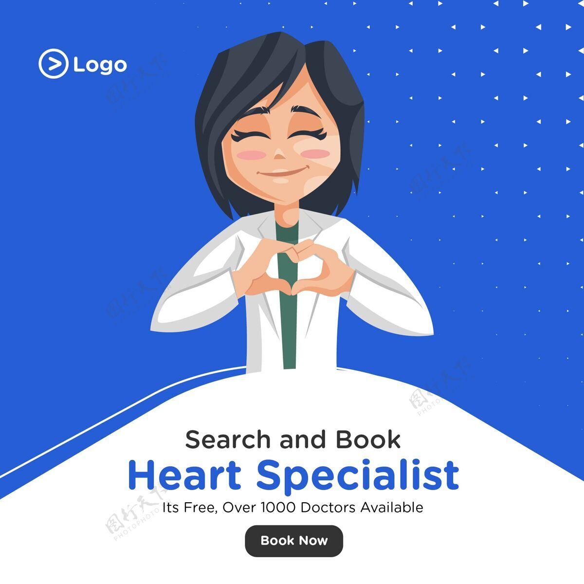 女人心脏专家医生正在创建一个手横幅设计的心脏标志卡通心脏中心