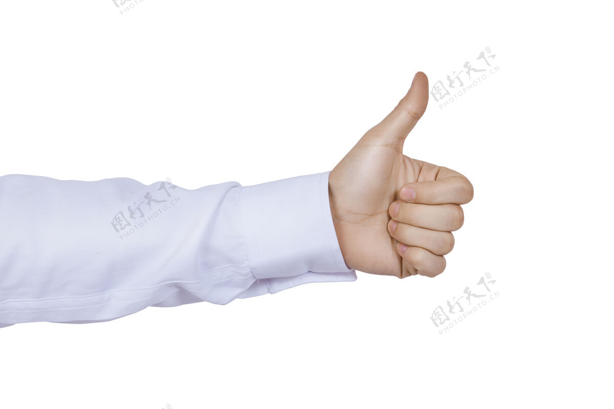 手指高加索人举起大拇指的拳头男人白色衬衫