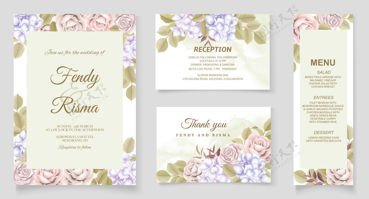 花卉优雅的手绘婚礼请柬花卉设计分支卡片菜单