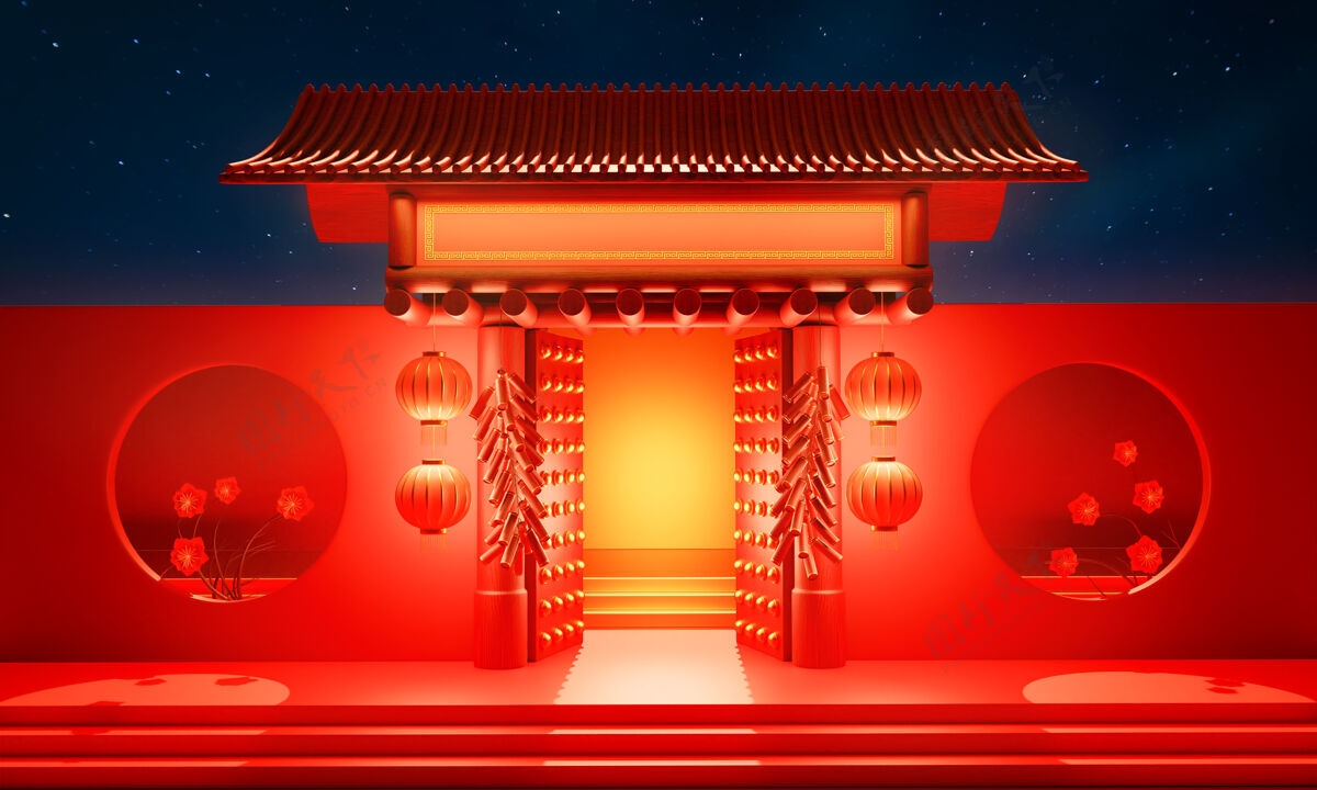 亚洲庙宇的大门是中国式的 门上装饰着红灯笼和鞭炮入口标志中国