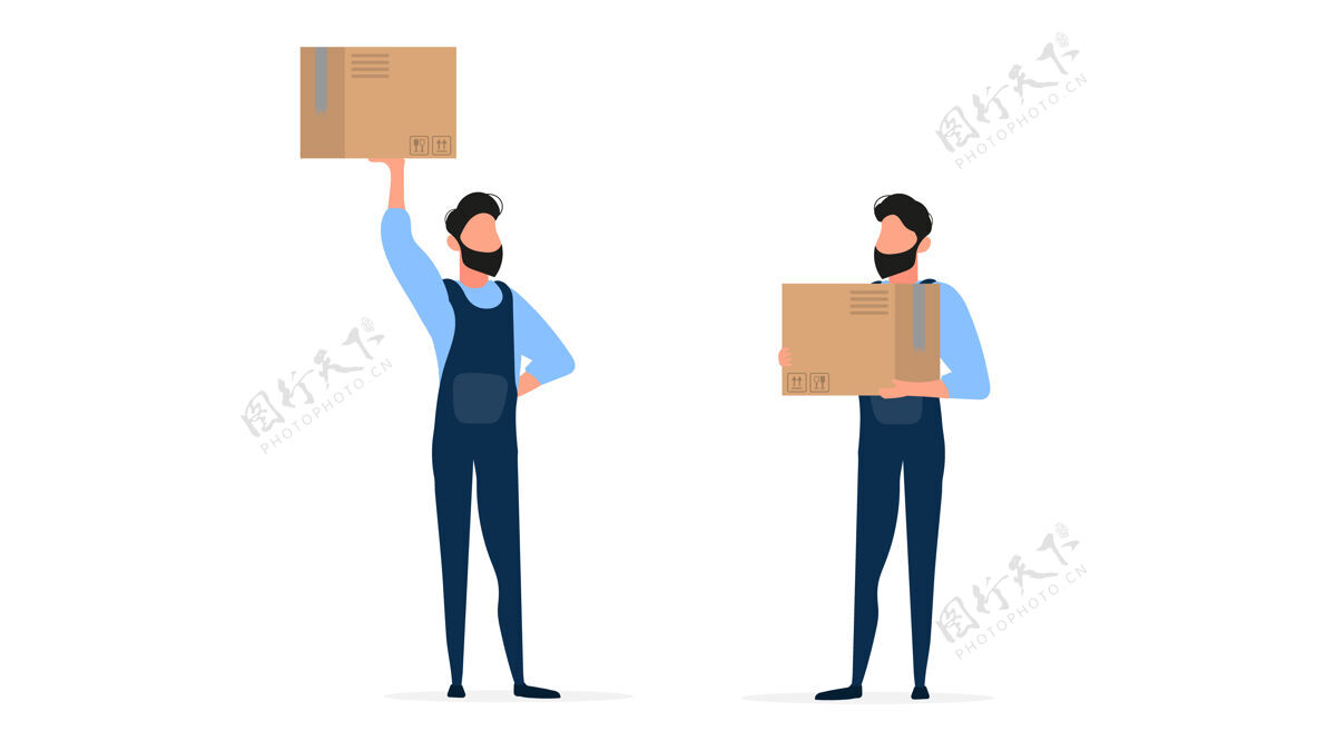 货物一套装料机一个穿着工作服的装料机拿着一个箱子盒子盒子拿着盒子的家伙手孤立的在白色背景上配送包装搬运工