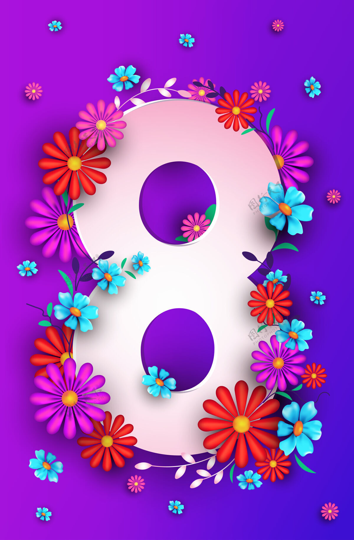 八妇女节3月8日假日庆祝横幅传单或贺卡与鲜花的数字八垂直插图优雅卡通祝贺