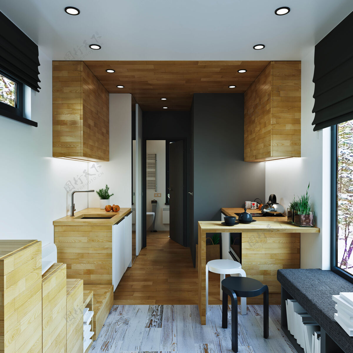 公寓内部现代设计客厅带走廊和厨房餐厅水平模型木头