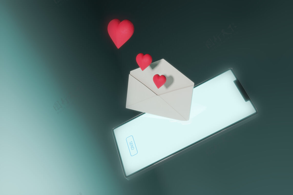 聊天智能手机送爱的三维渲染留言瓦伦丁概念在线科技心