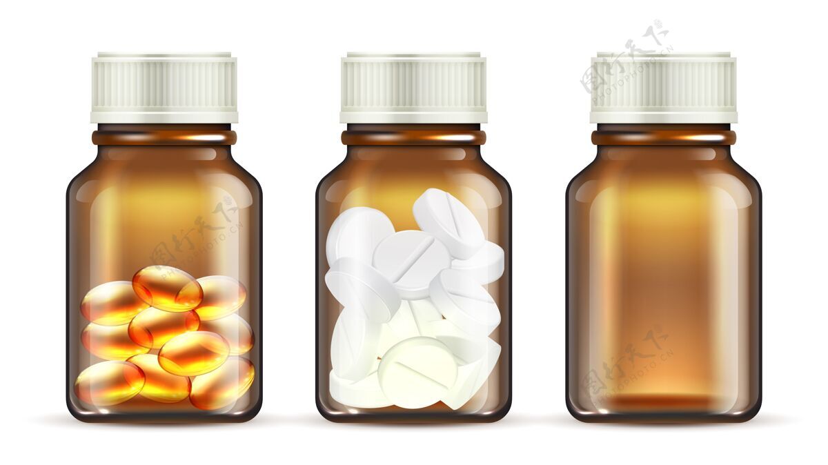 棕色药品玻璃瓶现实药丸瓶隔离透明药品包装健康药丸片剂
