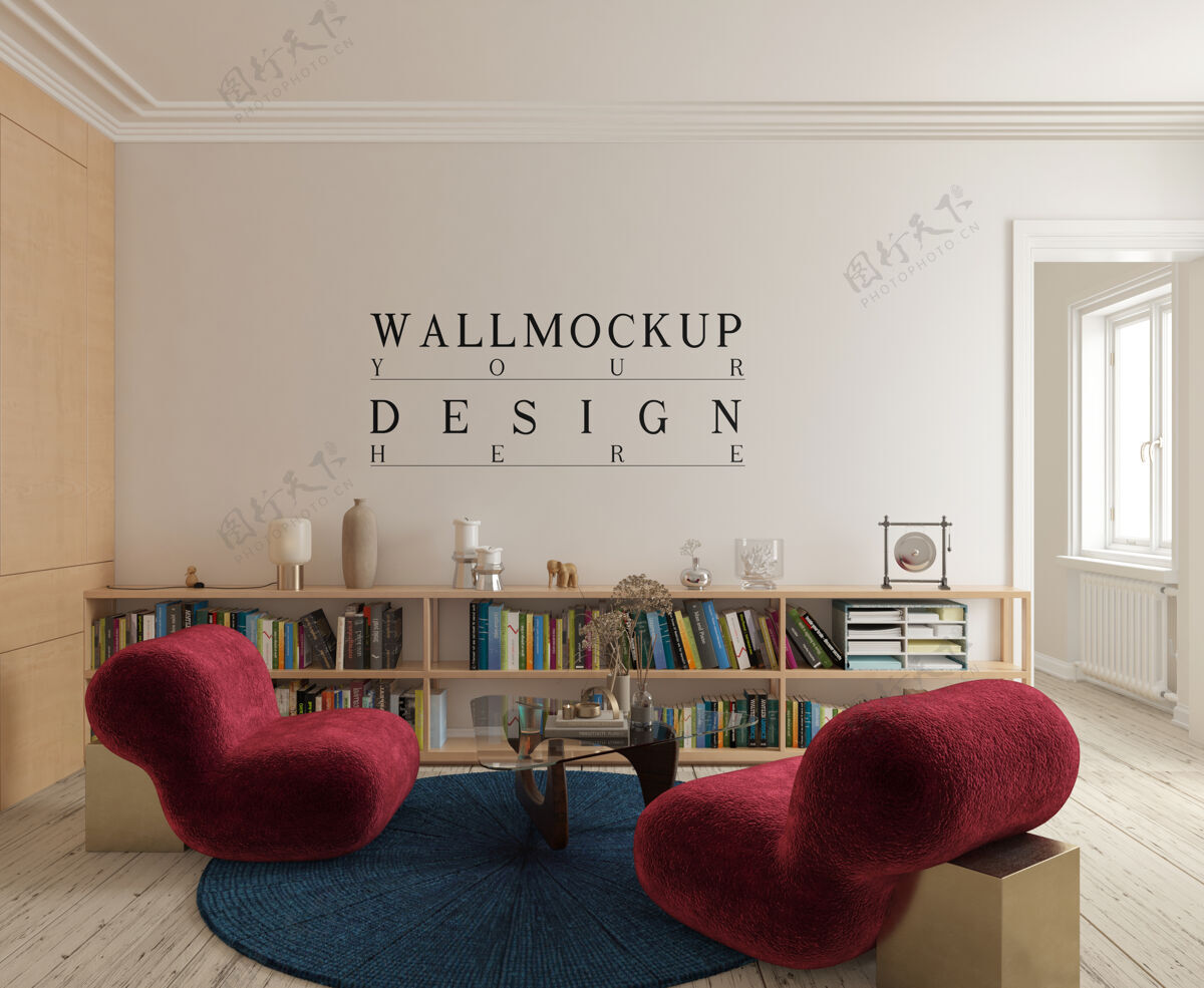 室内现代优雅的客厅 红色无扶手椅子和模型墙沙发现代房间