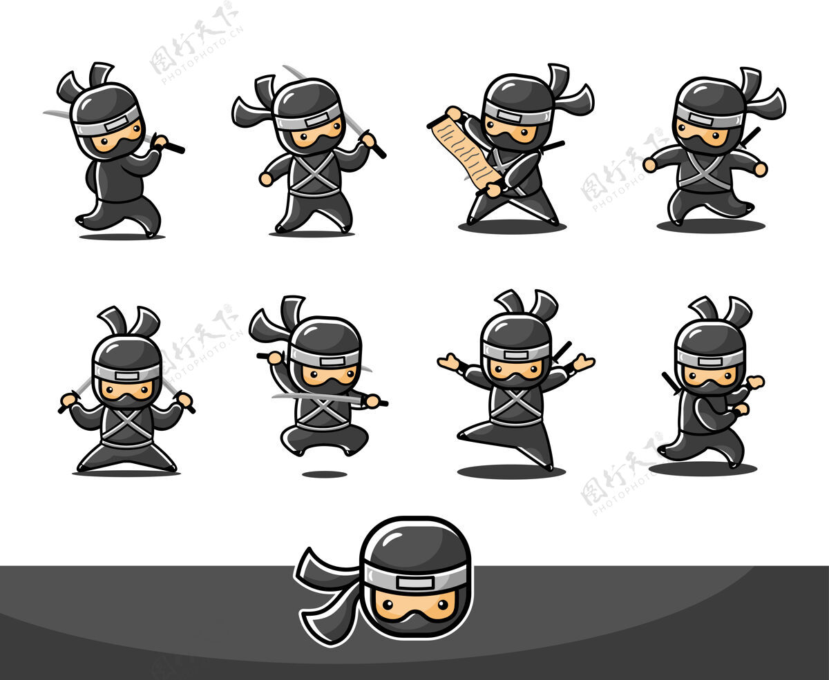 日本人有八种不同姿势和动作的小黑忍者吉祥物漫画战斗