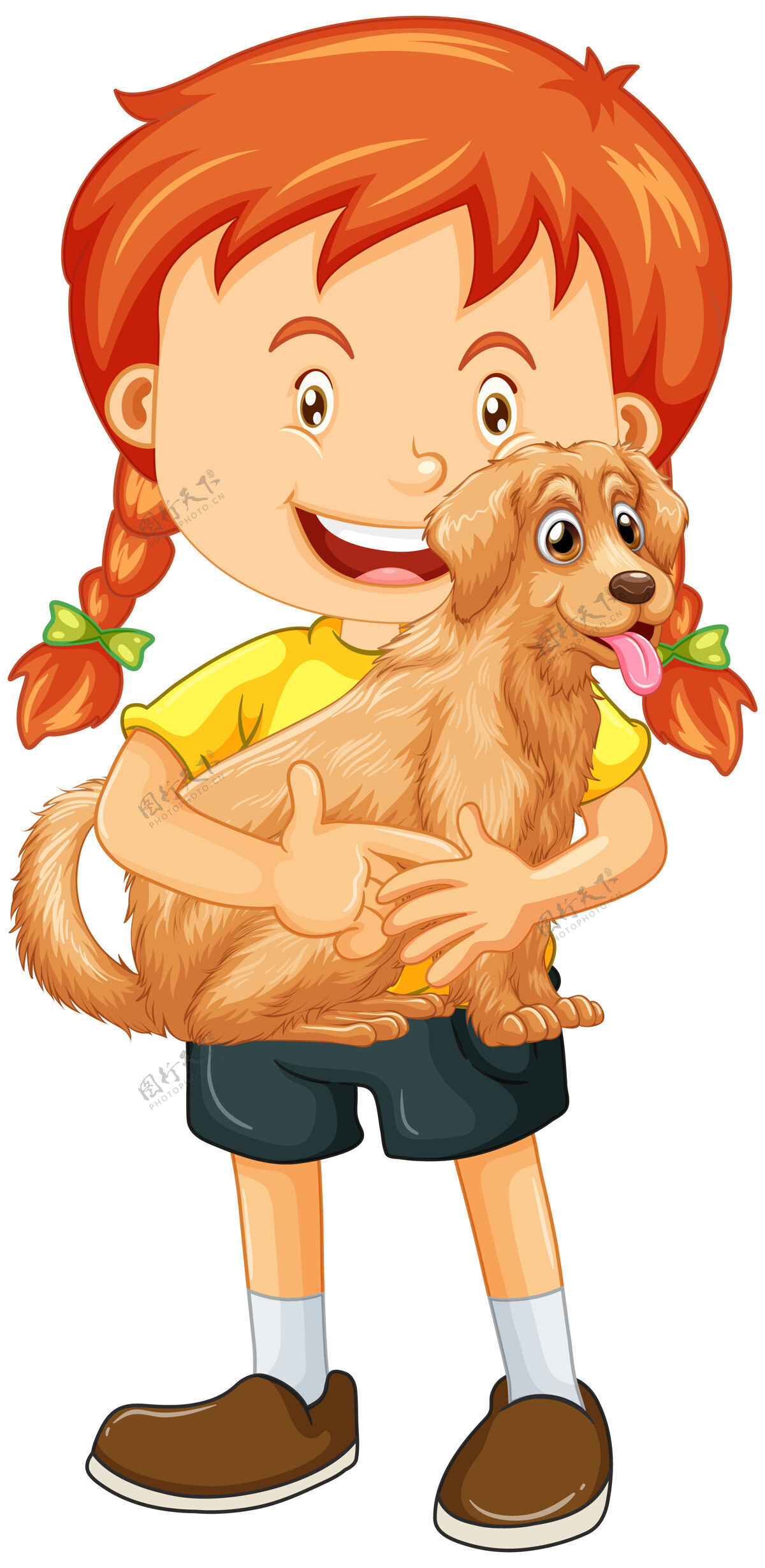 女性一个女孩抱着可爱的狗卡通人物隔离在白色背景上微笑快乐人类