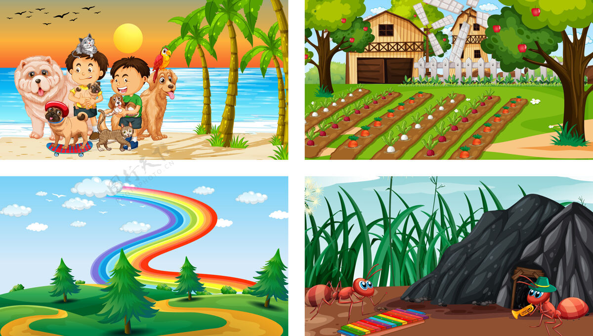 可爱四个不同的场景与儿童卡通人物彩虹小年轻